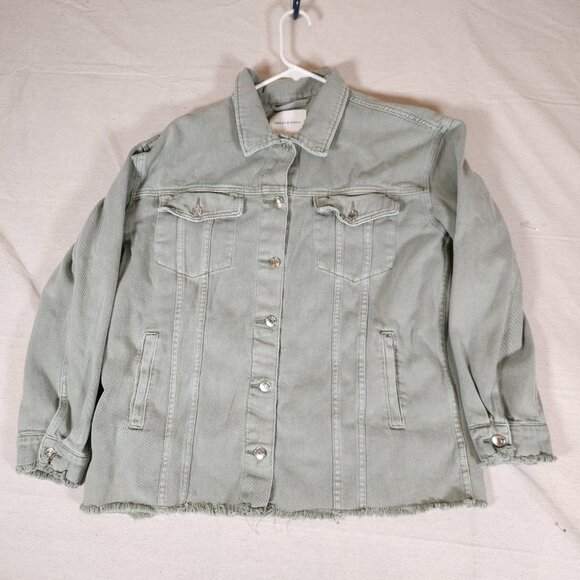 Thread & Supply Frayed Denim Jacket Womens Large Light Green Raw Hems FLAW - Picture 1 of 12